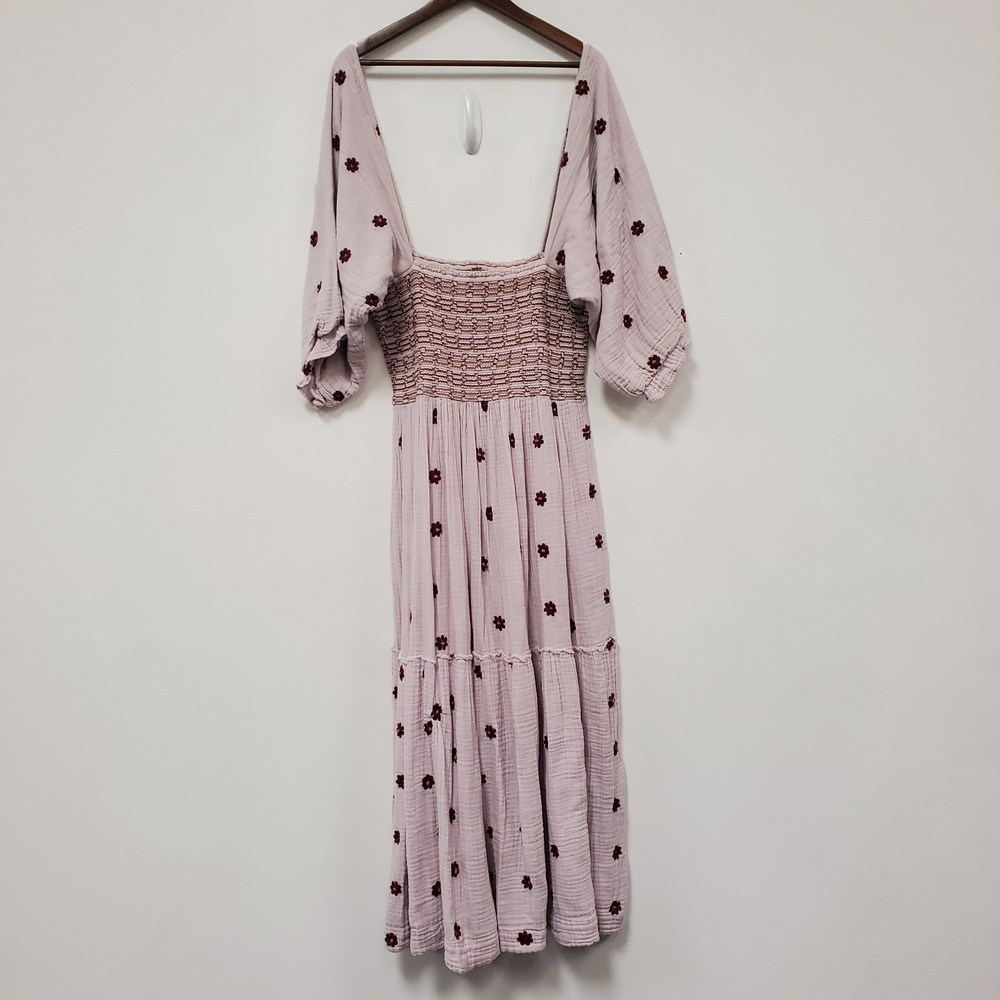 Free People Dahlia Embroidered Maxi Dress Size L Smocked Puff Sleeve Floral